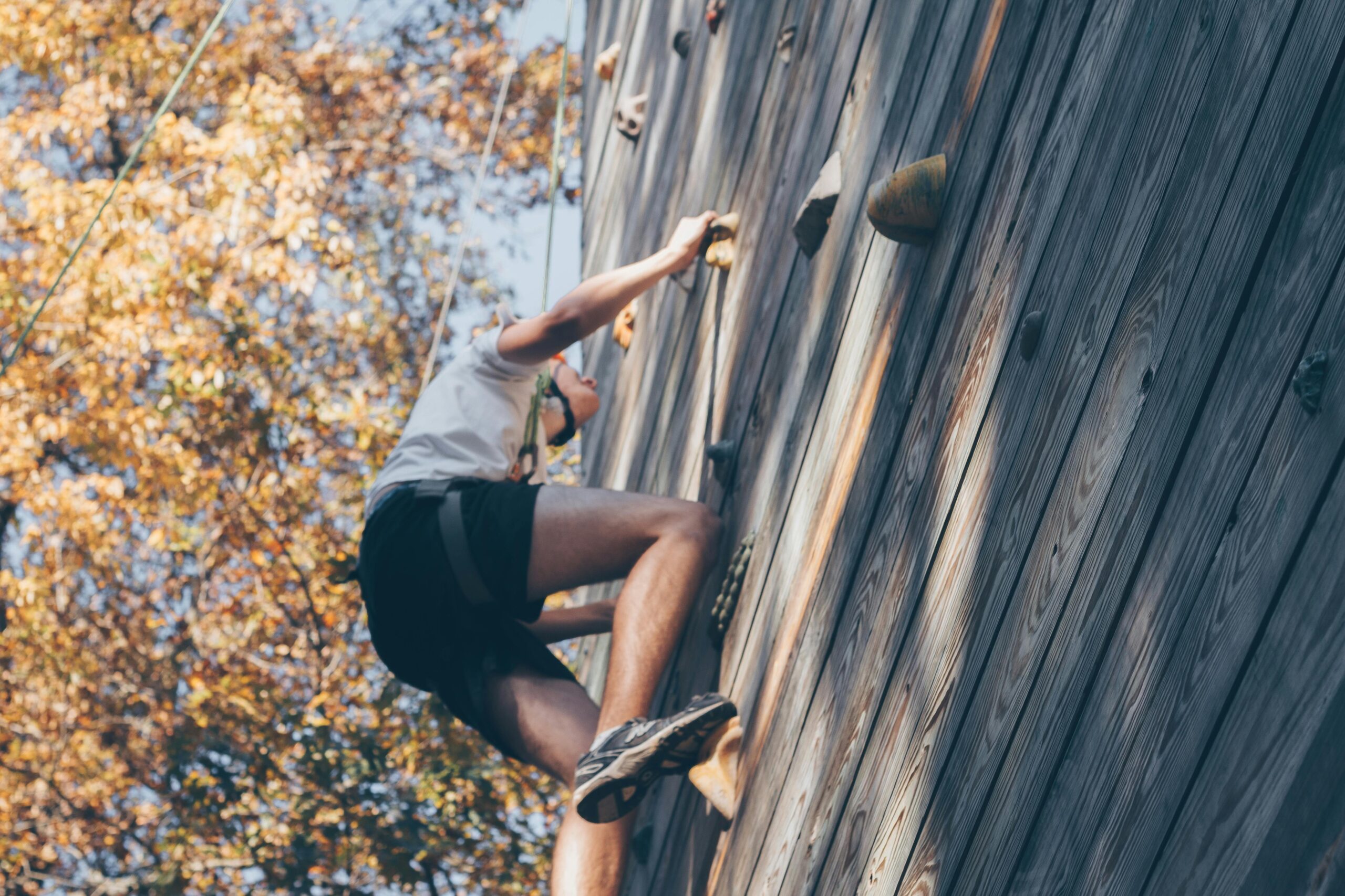 A man is climbing up an artificial climbing wall outside with the leaves of a tree in the background - he is wearing a helmet. This is an example of what to expect from venues offering climbing practice and classes in Bristol. Photo by Josh Sorenson: https://www.pexels.com/photo/man-wall-climbing-beside-trees-976872/
